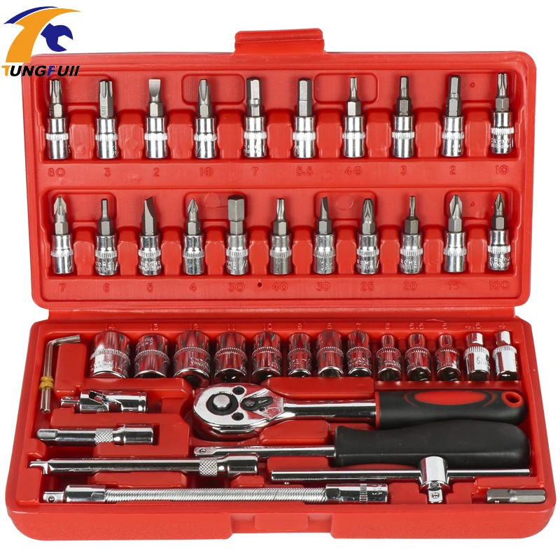 

TUNGFULL 46pc Spanner Socket Set 1/4" Car Repair Tool Ratchet Wrench Set Cr-V Hand Tools Combination Bit Set Tool Kit Tool Box
