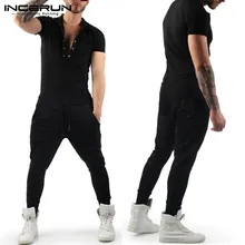 INCERUN СВОБОДНЫЙ Модный мужской однотонный комбинезон в европейском и американском стиле с отворотом и коротким рукавом, эластичный пояс, уличная одежда, комбинезон 5XL