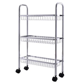 

3-Tiers Metal Storage Rack Baskets Shelf Stylish Labor-saving Design with 4 Durable Casters Big Capacity Storage Shelf HW54069