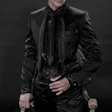 Черные итальянские вышитые мужские свадебные костюмы обтягивающие классические ретро смокинги Жених выпускного вечера блейзер для вечеринки фрак длинная куртка 2 шт