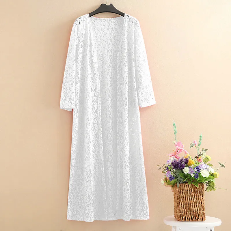 

New 2019 Summer Kimono CardiganV-neck 3/4 Sleeve Long Blouses Blusas Women Tops Sexy Lace Plus Size Sunscreen Shirt
