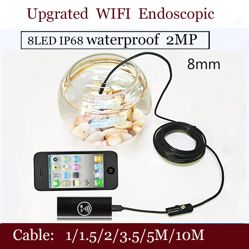 

SHINA Upgrated WIFI Endoscope 8mm USB Waterproof Borescope Inspection Camera 6 LED For Android or IOS Phone 1m/1.5m/2m/3.5m/5m