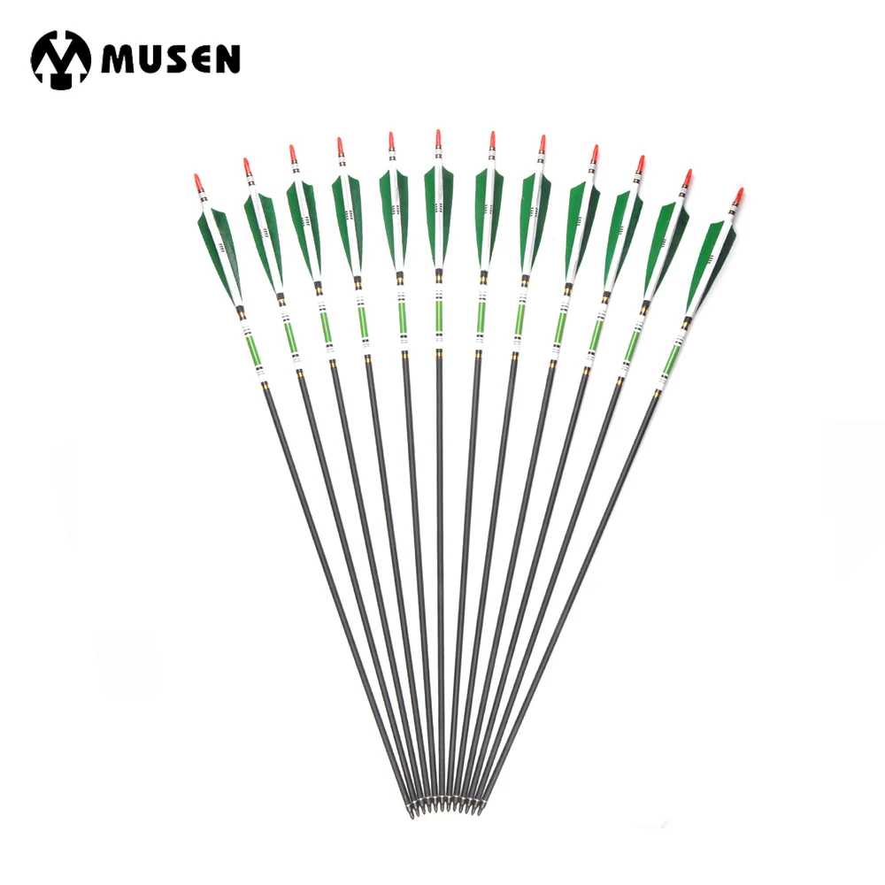 Billige 80 cm 85 cm Carbon Pfeil Wirbelsäule 500 OD 7,6mm ID 6,2mm Grün Farbe Reale Feder für recurve Bogen Bogenschießen Jagd Schießen