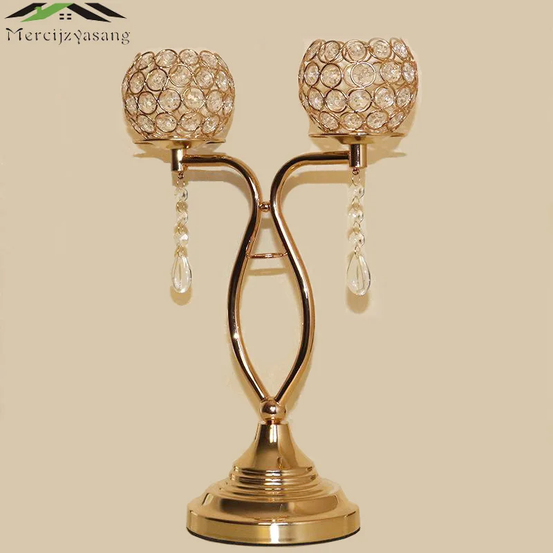 

Metal Candle Holders 2-Arms With Crystals Gold 43CMx28CM Stand Pillar Candlestick For Wedding Decoration Portavelas Candelabra