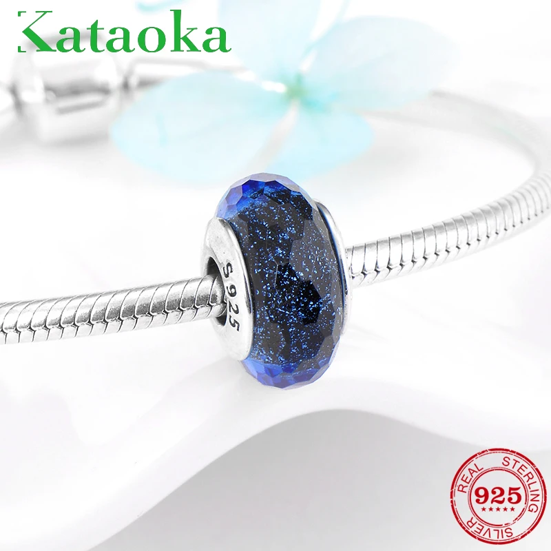 

Real Sparking Blue Murano Glass Beads 925 Sterling Silver Fit Original Pandora Charms Bracelet bead for Jewelry making