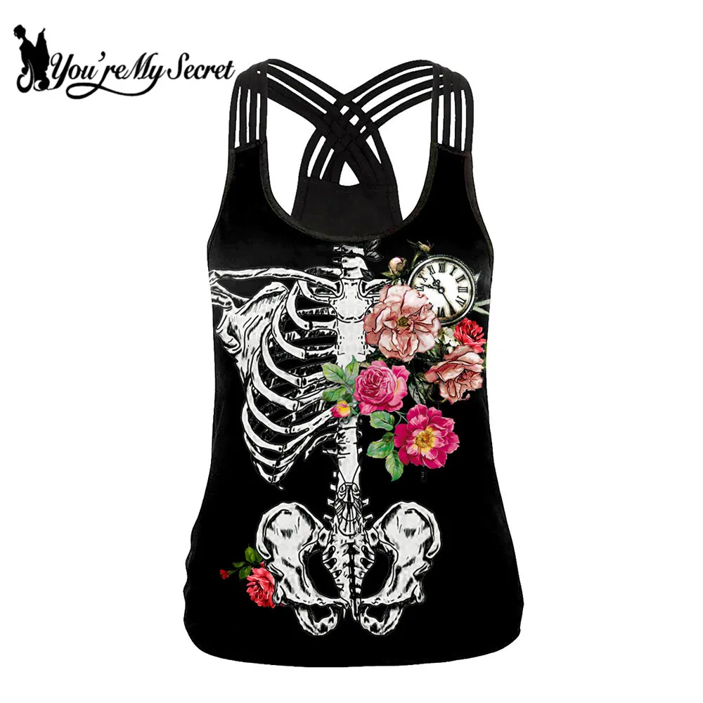

[You're My Secret] 2019 Summer Women Tank Tops Digital Printing Flower Skeleton Sling Top Sexy Backless Black Sleeveless Vest