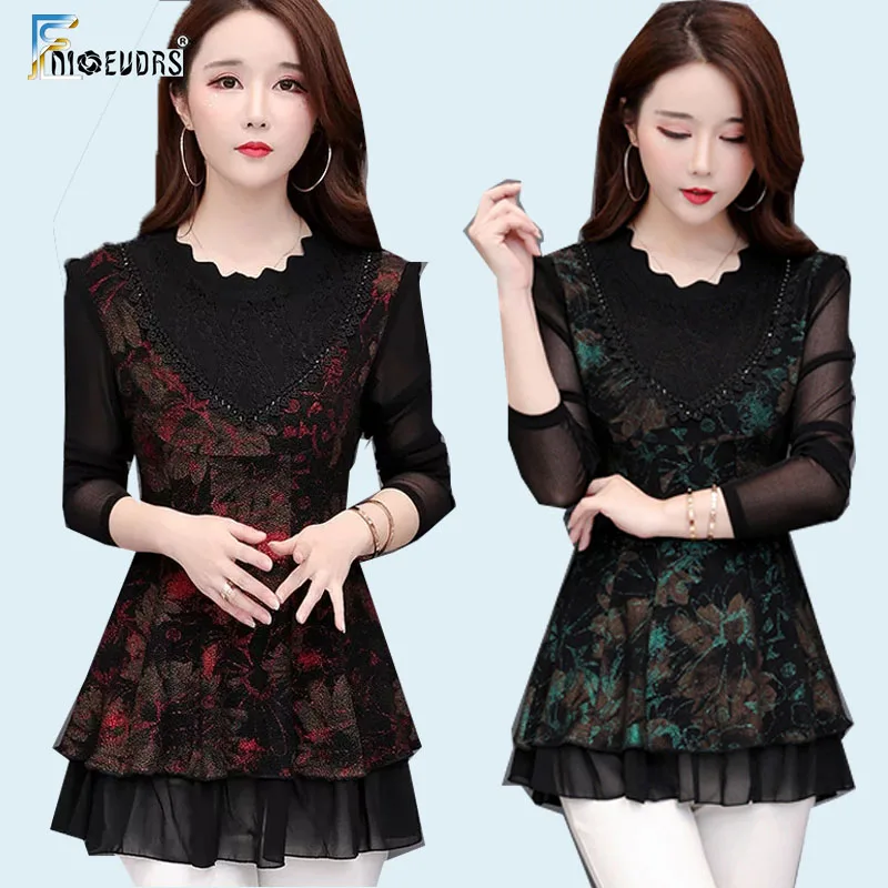 

2019 Design Basic Shirts Blouses 4XL 3XL Women Sheer Mesh Tunic Top Elegant Lady Vintage Lace Floral Print Peplum Top Blouse
