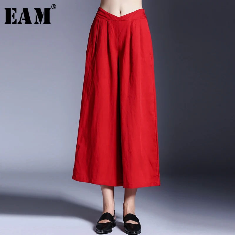 [EAM] 2018 New Summer Fashion Tide Red Elastic Waist Loose Casual Wide Leg Pants Simple All-match Woman Pants S905