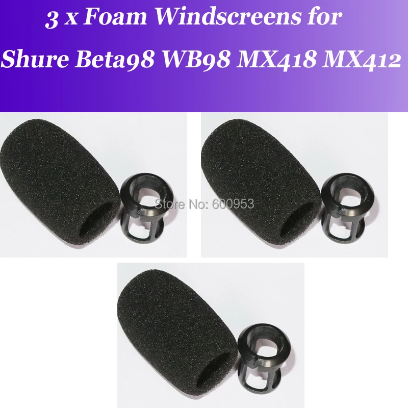 

3 Unit Snap fit Foam Windscreens for Shure Beta98 MX412 MX418 WB98 Microphone Mic Free Ship