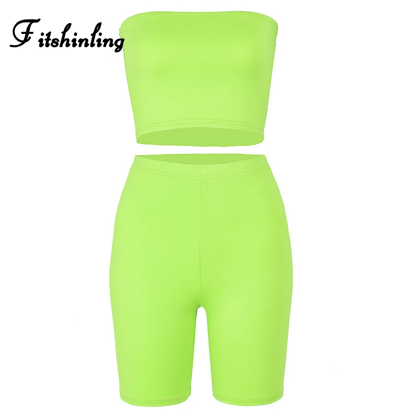 Fitshinling Neon green biker shorts bra tracksuit women fitness sexy hot street two piece set athleisure bodybuilding outfits