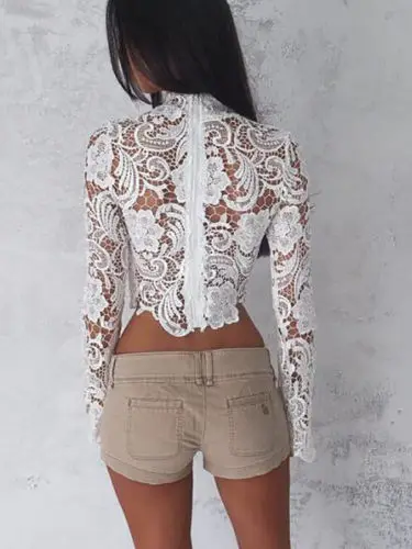 Casual Lace Women's Crop Top with Long Sleeves - Lace T-Shirt Tee image 4