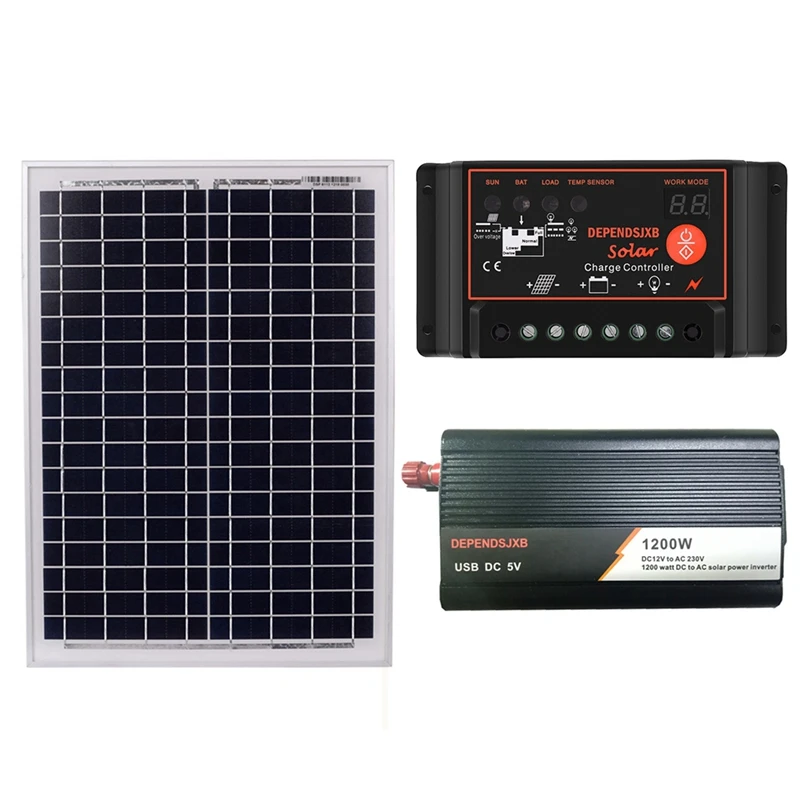 

18V20W Solar Panel +12V 50A/60A Controller + 1200W Inverter Dc12V-Ac230V Solar Power Generation Kit