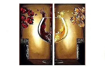 

2 PCs Hand Painted Modern Oil Painting on Canvas Still Life Wine and Flowers Canvas Wall Art Modern Oil Paintings for Wall Decor