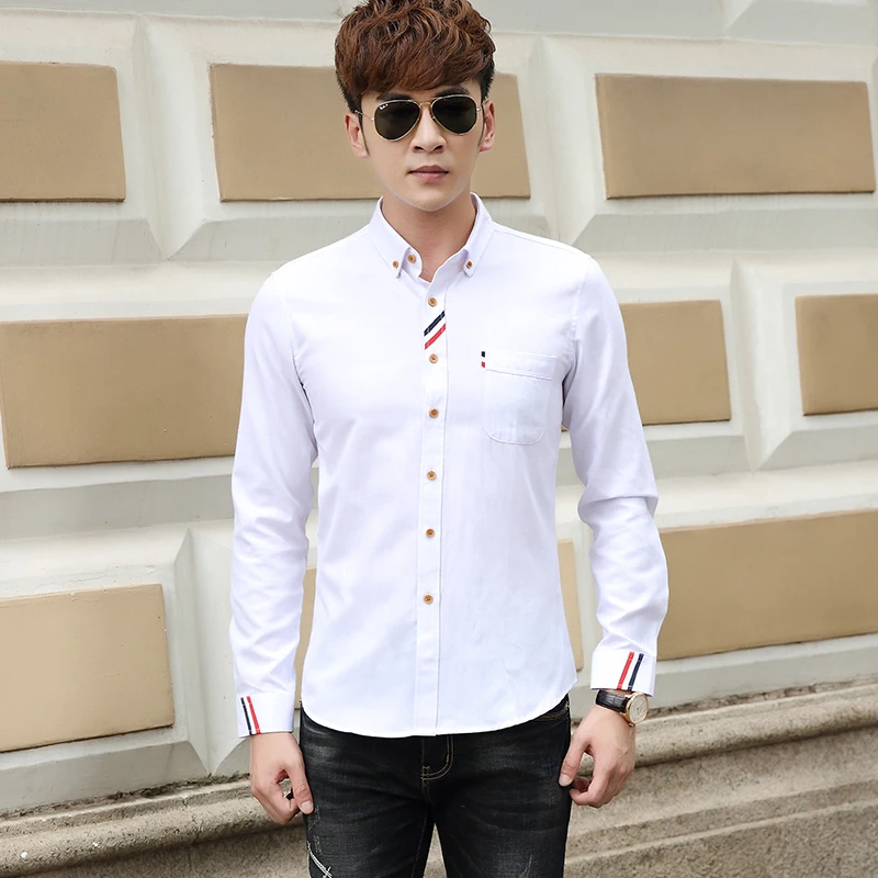 

2019New Mens Dress Shirts Cotton Solid Slim Long Sleeve Turn-down Collar White Navy Pink Male Business Shirts Male Casual Shirt