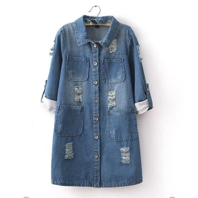 

2019 Fashion Spring Women Roll Up Three Quarter Sleeve Jeans Jacket Casual Outerwear Ripped Long Sleeve Plus Size Denim Jacket