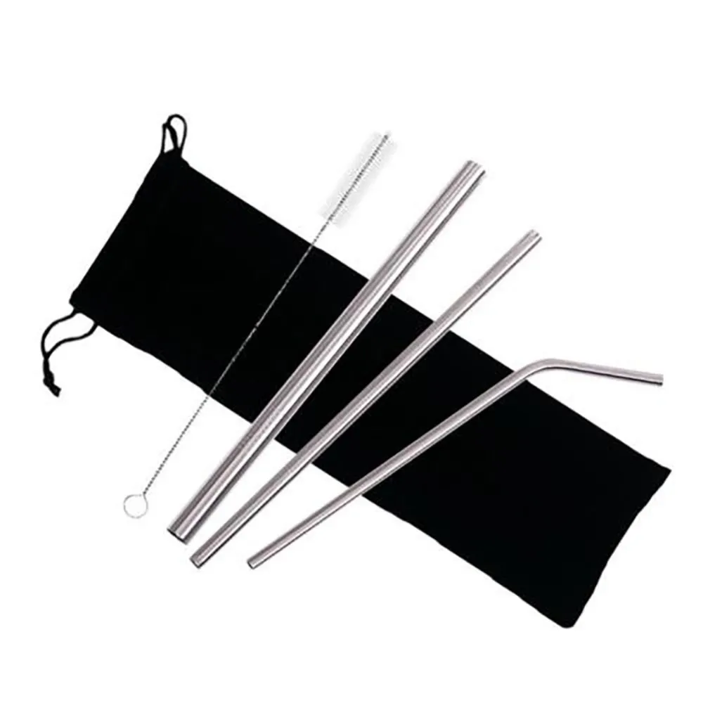 5pcs Eco Friendly Reusable Straw 304 Stainless Steel Straws Metal Smoothies Beer Drinking Straws Set with Brush & Bag