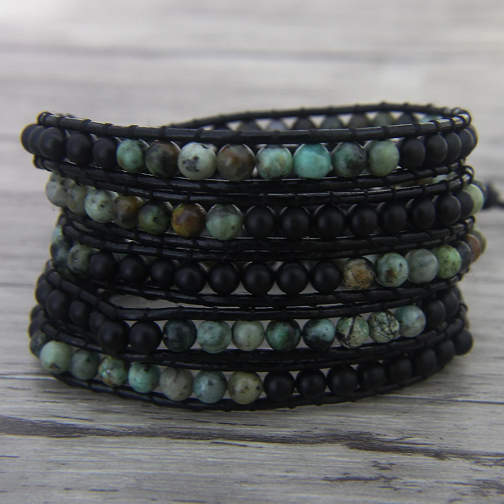 Black matt beaded bwraps bracelet leather wraps beads bracelet natural