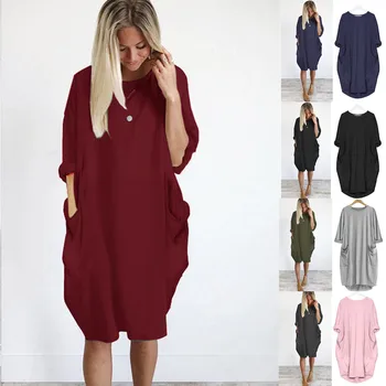 

Womens Solid Color Dress Fashion Pocket Loose Dress Ladies Crew Neck Casual Long Tops Dresses Plus Size summer dresses 2019W0521