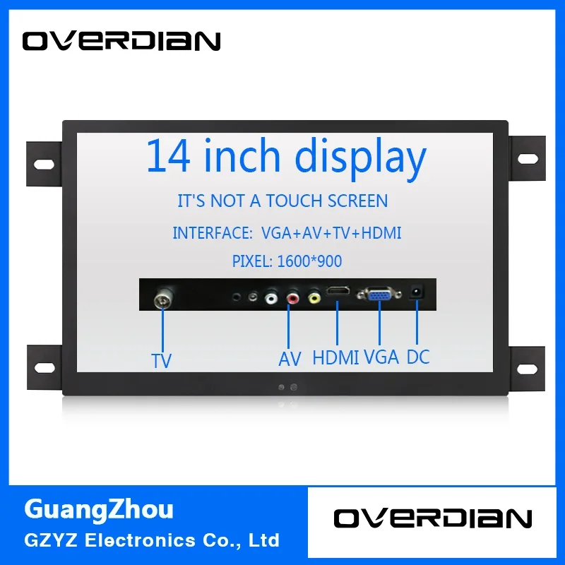 

14"VGA/HDMI/TV/AV Interface Industrial Lcd Monitor Black Non-Touch Screen Metal Shell 1600*900 Hanger Fixed