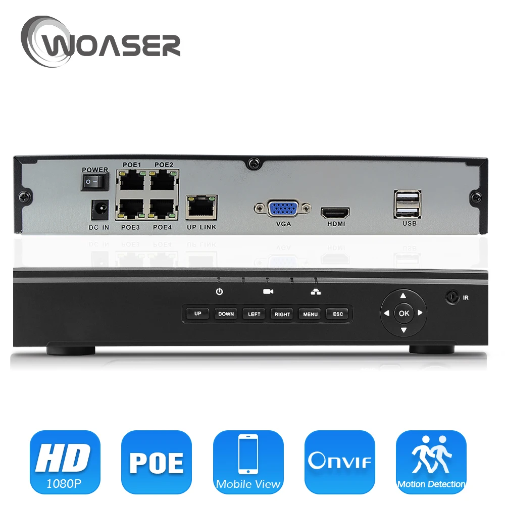 

WOASER 4CH 48V IEE802.3af Active PoE NVR Recorder Motion Detect Alarm Security Surveillance NVR 4CH 1080P With 4CH PoE Port