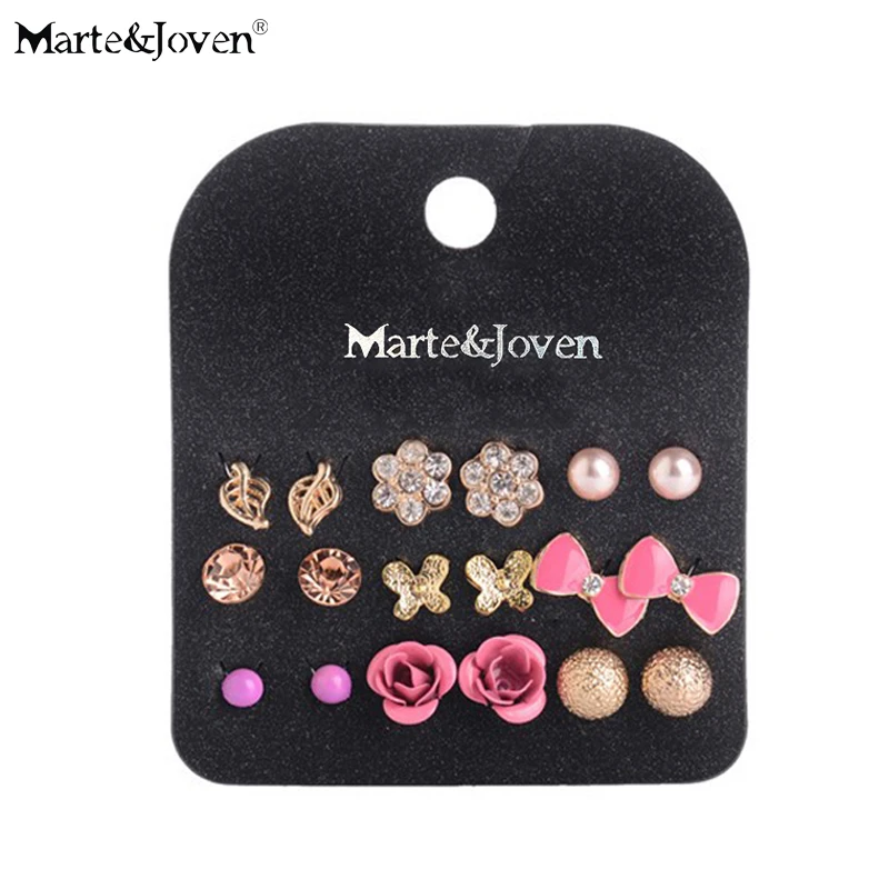 

Marte&Joven Gold Color 9 Pairs/set Simulated-pearl Ball Stud Earrings For Women Pink Bow/Flower Earring Set Rhinestone Ear Studs