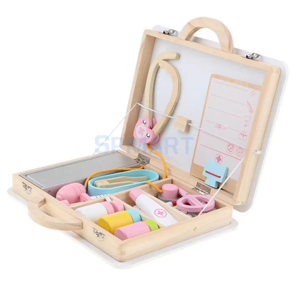 15 Pieces Wooden Doctor Nurse Medical Box Carry Case Suitcase Children Role Playing Set Kids Early Educational Toy Play Activity