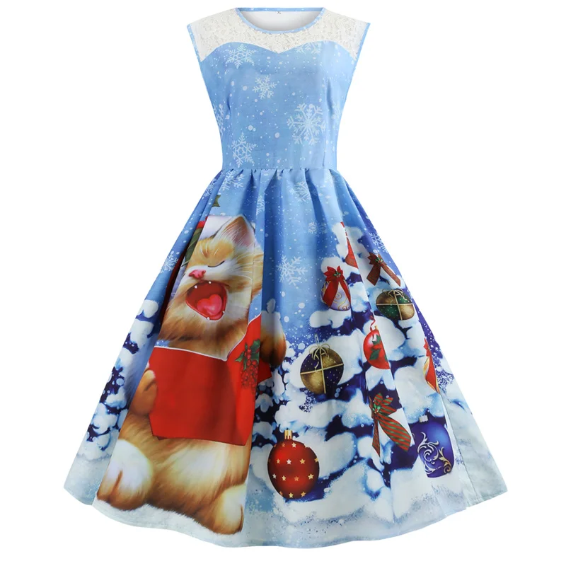 Kostlich Autumn Hepburn Sleeveless Vintage Dress Big Women Swing Christmas Dress O Neck Print Pathchwork Dresses Plus Size S-3XL (2)