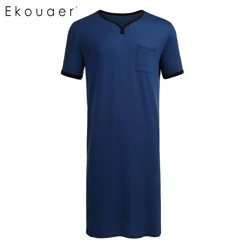 Blue Ekouaer Мужская свободная ночная рубашка, мягкая ночная рубашка с v-образным вырезом и коротким рукавом, контрастная цветная ночная рубашка с карманом, мужская длинная Пижама, топы - Цвет: Blue