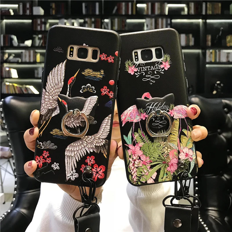 

For Samsung Galaxy s8 s9 plus note 9 8 case cover 3D Relief Print Flamingo Red-crowned crane flower soft silicon phone bag shell
