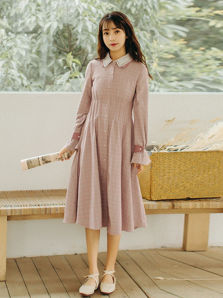 

2019 summer new French retro plaid dress doll collar girl sweet Japanese small fresh loose dress