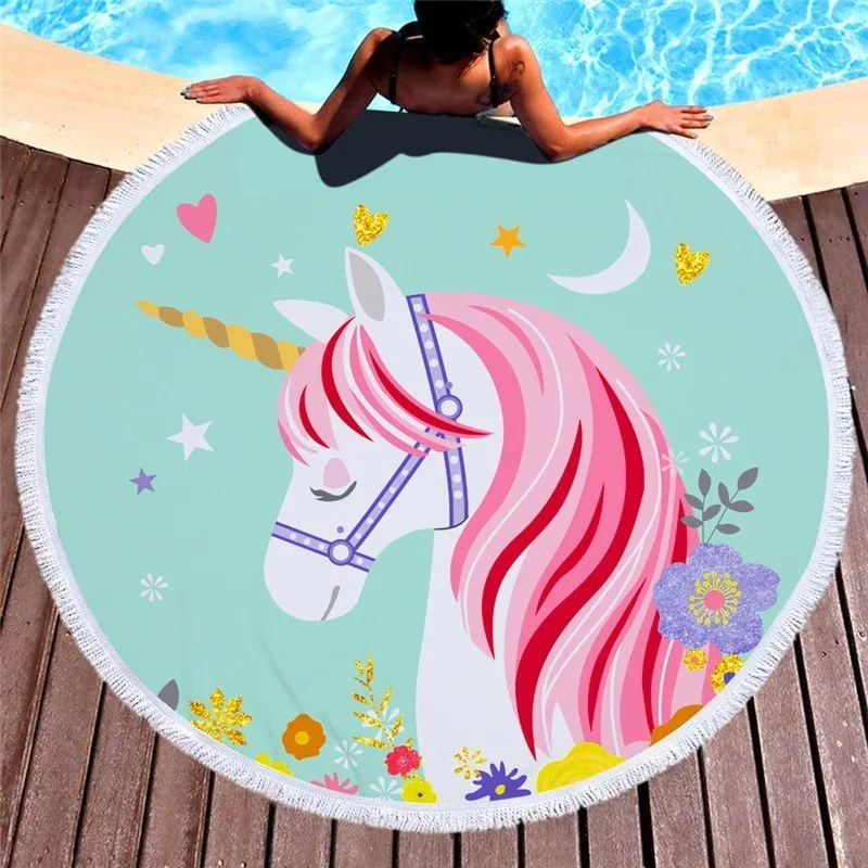 Мультяшный Единорог ресниц 150 см большой круглый пляжный банный полотенце для пикника одеяло портативный для улицы спортивный мешок для хранения комплект Подарочный мешок - Цвет: Beach towel 1