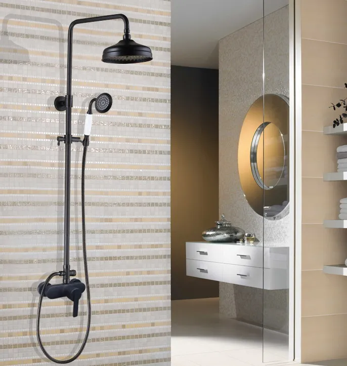 

Black Oil Rubbed Brass Single Handle Bathroom 8 Inch Round Rain Shower Faucet Set Bath Mixer Tap Hand Shower Wall Mounted mhg155