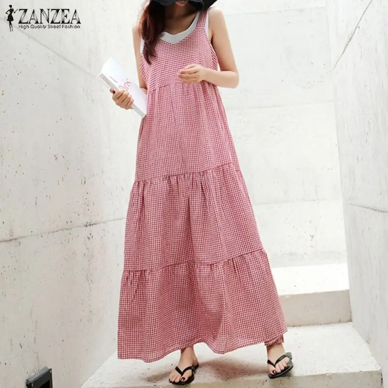

ZANZEA 2019 Casual Sleeveless Ruffle Dress Women's Summer Sundress Fashion Check Dress Female Plaid Party Tank Vestidos Robe 5XL