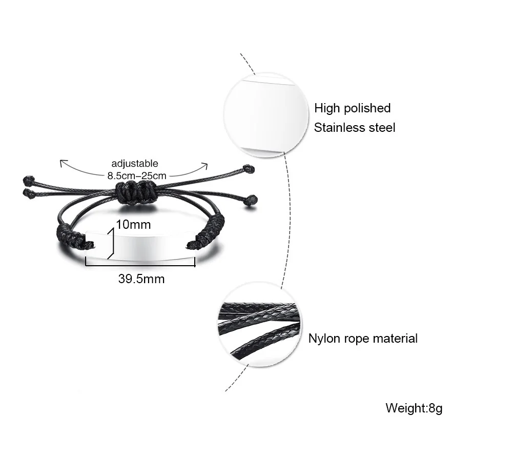Персонализированная гравировка имя пластины ID тег Регулируемый веревочный браслет для мужчин и женщин детский браслет унисекс ювелирные изделия Pulseira Braslet