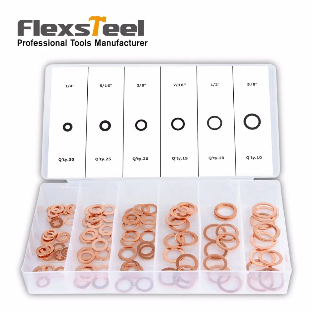 Flexsteel 110 Piece SAE Flat O Ring Copper Washer Gaskets Assortment Kit Set 6 Sizes in Plastic