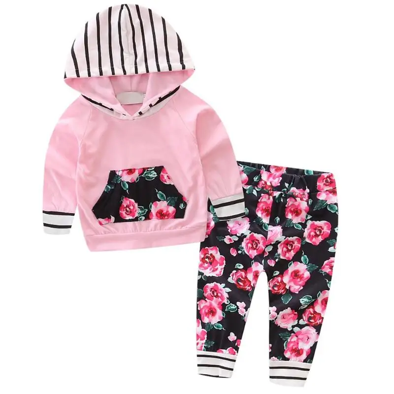 

2pcs/Set Baby Infant Girls Hooded Stripes Top+Floral Pattern Pants Pink