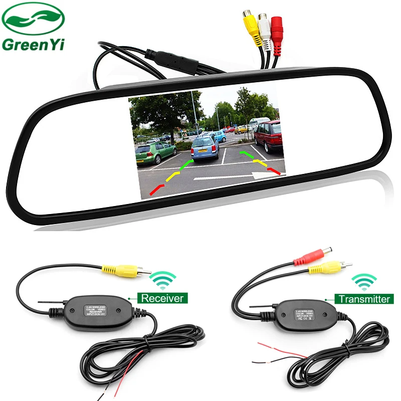 

GreenYi 4.3 Inch TFT Screen Car Mirror Parking Monitor With 2.4Ghz Wireless Camera Kit Video Transmitter and Received Kit