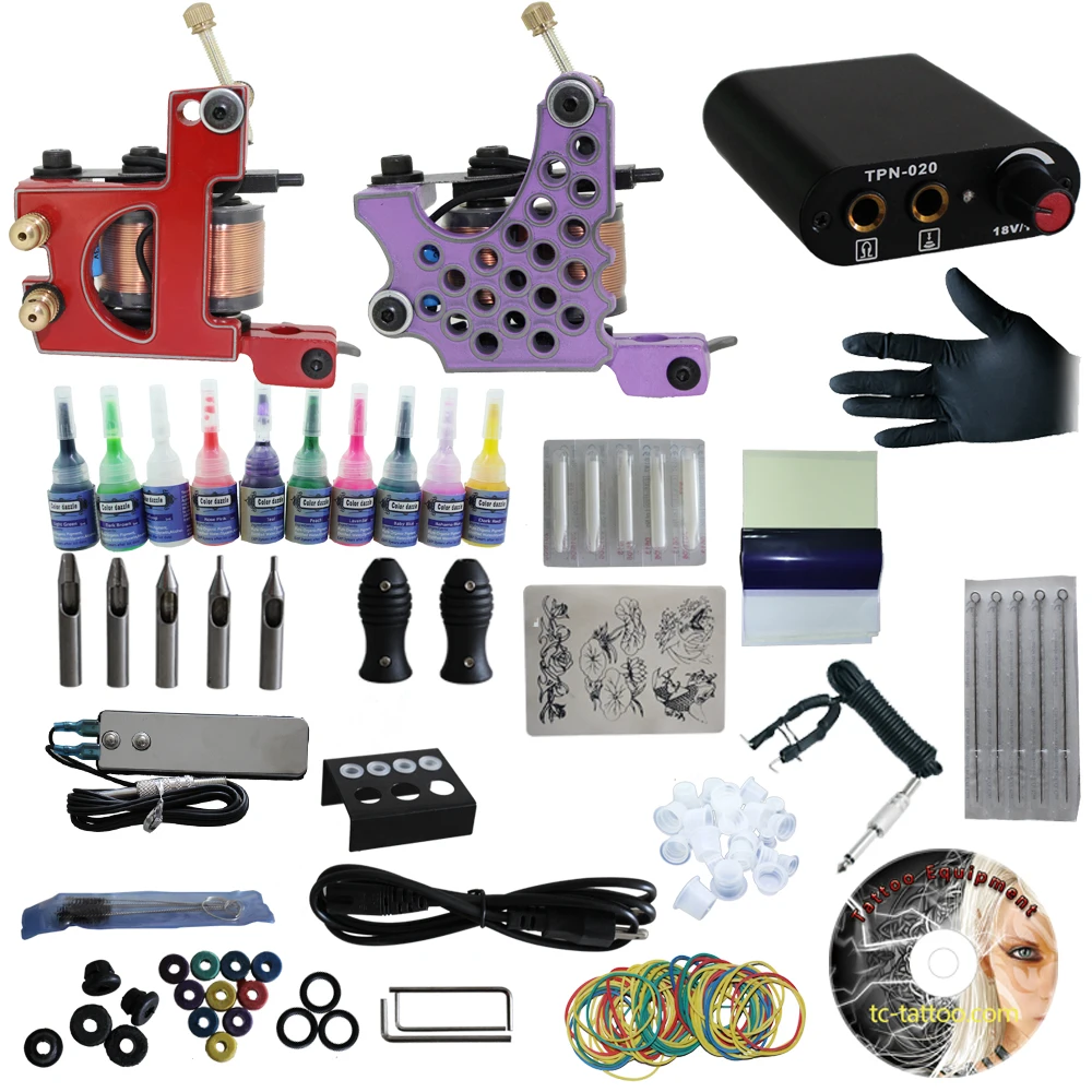 Yilong Complete Tattoo Kit 2 Pro Machine Guns 10 Inks Power Supply Foot Pedal Needles Grips Tips With Case CD | Красота и здоровье