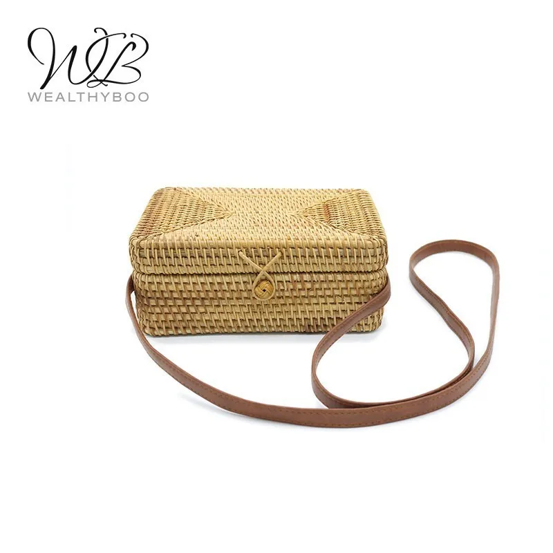 

WEALTHYBOO straw box package 2018 square rattan shoulder bag new arrival fashion plain weave button hand-woven