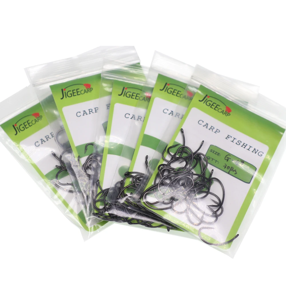 JIGEECARP 30pcs Carp Fishing Hooks Teflon Coated FishHooks Carbon Steel Rigging Carp Hooks Micro Barbed Curve Shank Gripper Hook