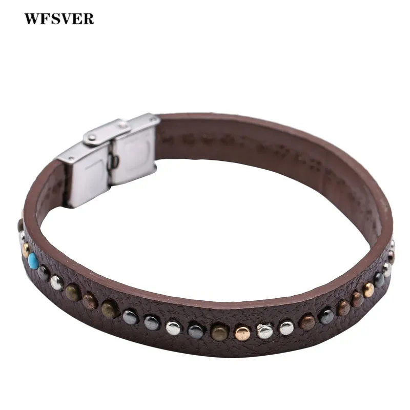

WFSVER punk leather bracelet bangle with nail for women men stainless steel clasps bracelet jewelry pulseras 3 style