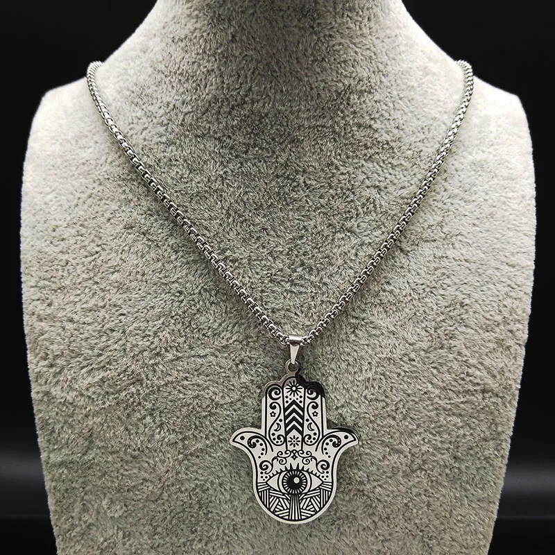 2020 Hamsa Hand Stainless Steel Necklaces Men Black Silver Color Necklaces Pendants Jewelry collier homme N18536 - Image 2