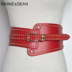 RAINIE SEAN Leather Belts For Ladies Red Wide Belts For Dresses Women Cummerbunds Rivet Red Women's Fashion Corset RAINIE SEAN Leather Belts For Ladies Red Wide Belts For Dresses Women Cummerbunds Rivet Red Women's Fashion Corset
