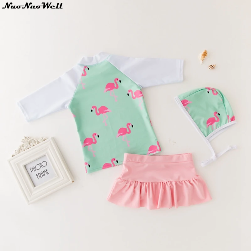

2018 Summer Sweet NuoNuoWell Long Sleeve Green & Pink Swan Section Girl Baby Swimsuit Children's Bathing Playing Suits