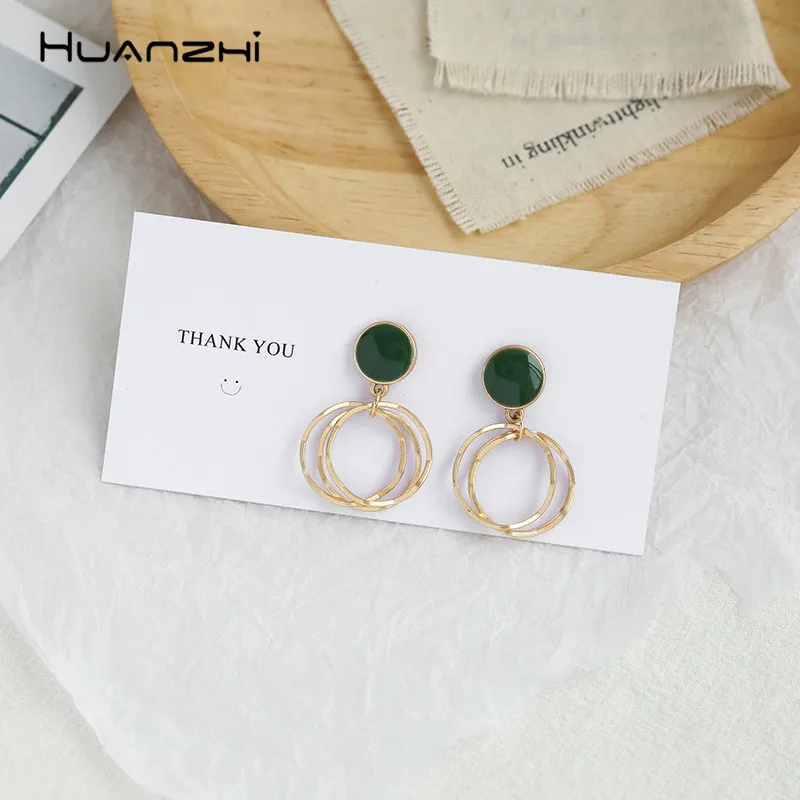 

HUANZHI 2019 Geometric Multilayer Circle Round S925 Enamel Green Design Metal Drop Earrings For Women Girl Wedding Party Jewelry