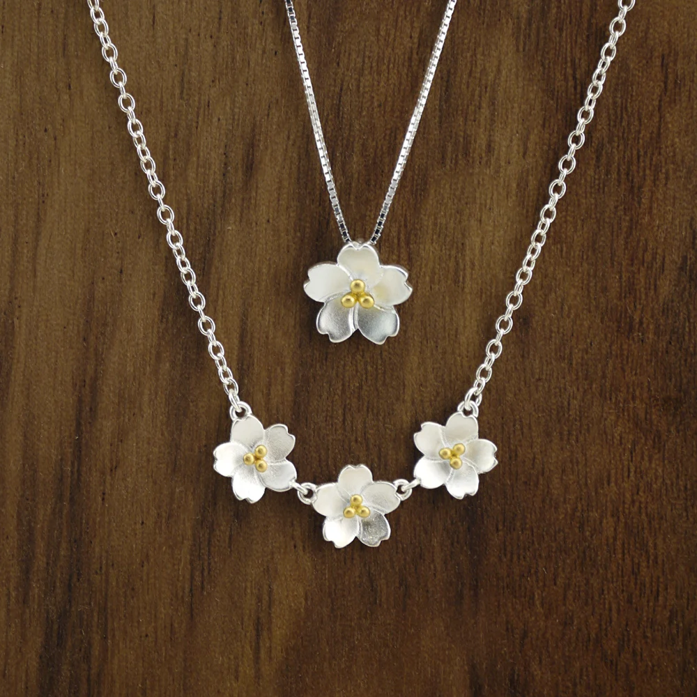 925 Sterling Silver Cherry Blossoms Charm Pendant Necklace Jewelry Gift