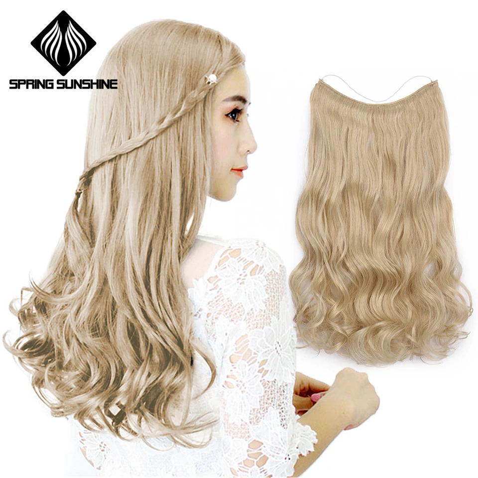 Synthetic Silky Straight Hair Extensions real natural 20 inches Invisible Wire No Clips in Secret Fish Line Hairpieces