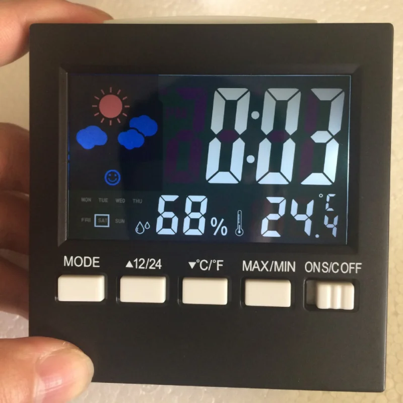 

Multi-use Digital Thermometer Hygrometer Colorful LCD Termometro Clock Alarm Snooze Function Calendar Weather Forecast Display