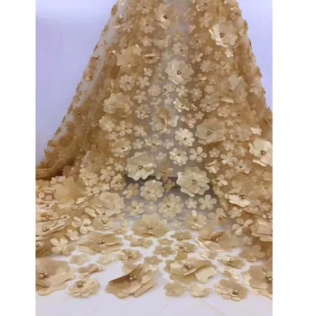 

African Gold Wedding Lace Fabric High Quality French Lace Fabric 3d Flowers Beaded Fabrics New Red French Lace Fabrics For Dress