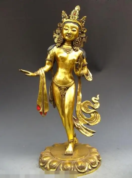 

S02150 Tibetan Fane Bronze Copper Gild Stand Green TaRa Guan Yin Guan Yin Buddha Statue
